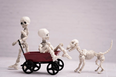 Skeleton kids playing toy wagonの写真素材