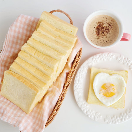 Bread, egg and cup of coffeeの写真素材