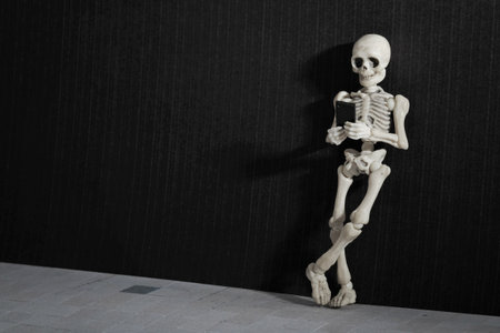 A skeleton leaning on a grungy wall with smartphone in his handの写真素材