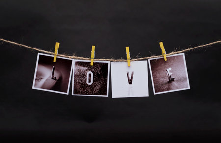 Rows of LOVE photo frames hanging with clothespins on dark backgroundの写真素材