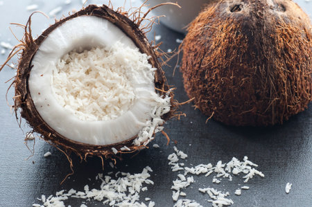 Grated organic coconut in a half fresh coconut.の写真素材