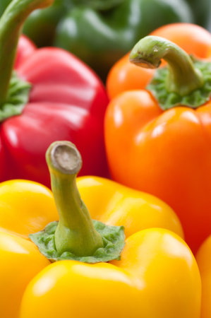 Yellow, green, orange and red fresh bell peppers.