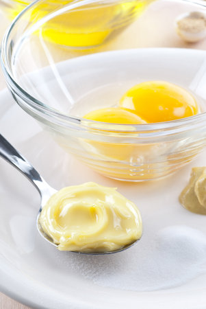 A spoon of mayonnaise with its ingredients.の写真素材