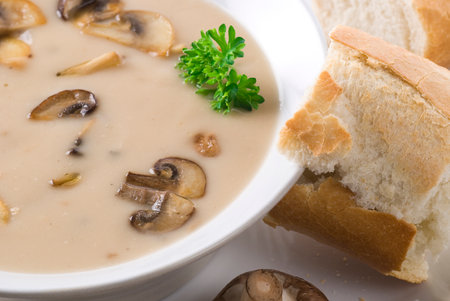 Mushroom soup with bread.の写真素材
