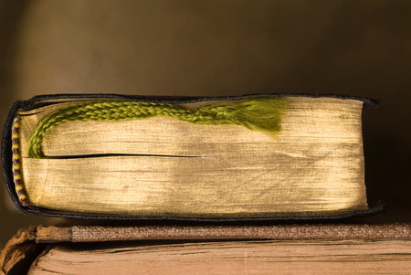 Two old books. One with gold colored pages and plaited bookmark.の写真素材