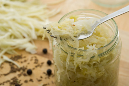 Homemade sauerkraut with cumin and juniper.の写真素材