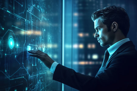 Side view portrait profile of handsome middle age businessman touching hologram screen in futuristic office. Business, people and future technology conceptの素材