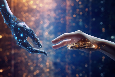 Cyborg artificial intelligence AI hand about to touch human hand getting roboted on futuristic background.の素材