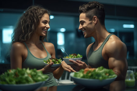 Sporty couple eating a healthy green salad with vegetables after exercising at gym.の素材