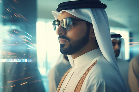 Close up portrait of a successful Muslim businessman in traditional white Kandura clothes, wearing eyeglasses in modern business center. Saudi, Emirati, Arab businessman concept.の素材
