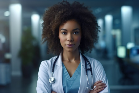 Portrait of African American female medical doctor wearing a stethoscope with crossed arms standing in hospital.の素材