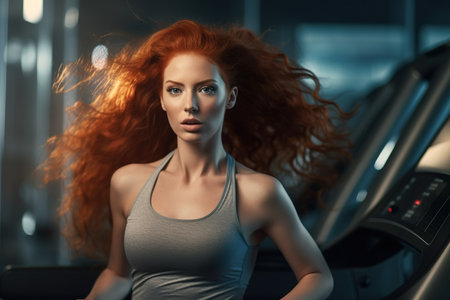 Beautiful young long red haired woman running on a treadmill at the gym.の素材