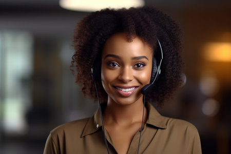 Black curly haired young woman with headphones, african american support service worker, call center operator, sitting at workplace in modern office, looking at camera.の素材