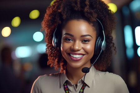 Portrait of African american woman with curly hair wearing headset at call center office.の素材