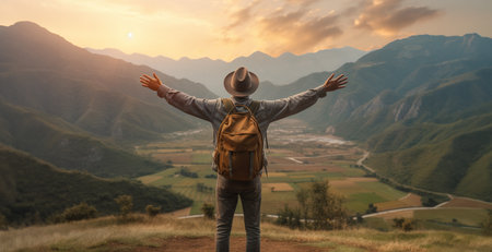 Rear view of young man with backpack standing with arms spread open against beautiful mountains landscape at sunset.の素材