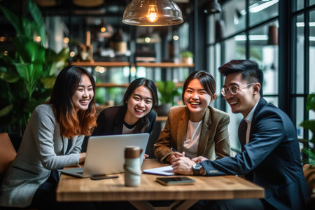 Group of positive Asian business people having a meeting and laughing while discussing successful business project at cafe.の素材