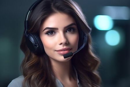 Beautiful female customer support consultant with headphones looking at camera.の素材