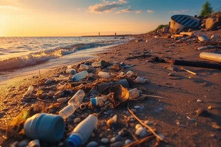 Plastic bottles and other trash on sea beach at sunset. Globe pollution. Garbage on beach. Plastic at the ocean. Beach pollution.の素材