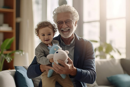 Happy grandfather holding his toddler grandson playing with toy while sitting on sofa at home.の素材