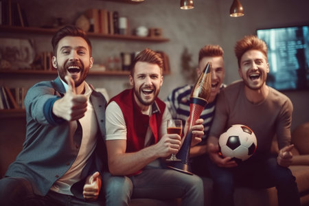 Happy casual young men or football fans watching soccer on tv and celebrating victory. Friendship, sports and entertainment concept.の素材