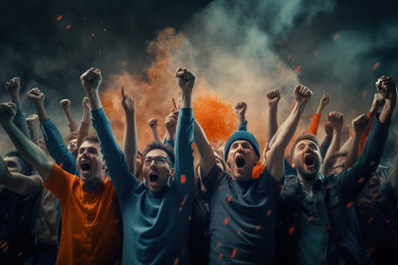 Excited football fans cheering a goal, supporting favorite players. Concept of sport, human emotions, entertainment.の素材