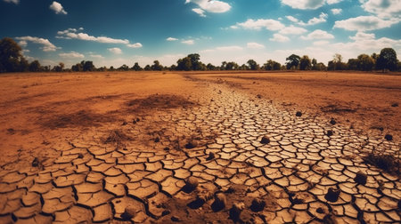 Global worming concept - cracked scorched earth soil drought desert landscape dramatic skyの素材