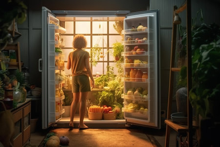 Back view of young woman looking at pantry vegetable storage inside of refrigerator night.の素材