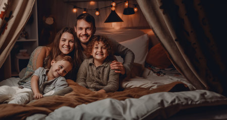 Happy family bonding on bed in the bedroom at night.の素材