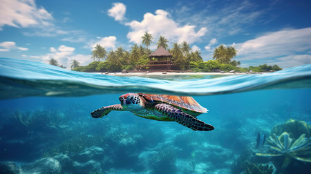 Sea turtle floating over coral reef at tropical ocean near coastline.の素材