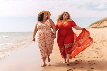 Happy plus size women having fun walking on the beach during summer vacations. Overweight people concept.の素材