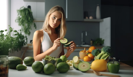 Beautiful young blonde woman preparing healthy food in the kitchen.の素材
