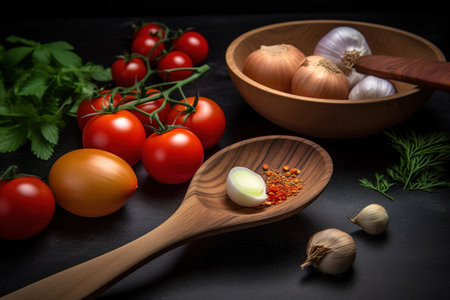 Wooden spoon and ingredients on dark background. Vegetarian food, health or cooking concept.の素材