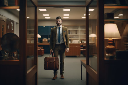 Businessman with suitcase standing in office.の素材