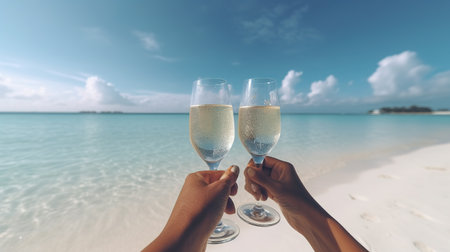 Hands holding champagne glasses over the tropical sea. Romantic vacation.の素材