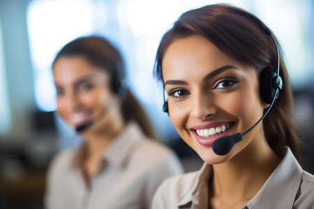 Call center operator woman with headset working at customer support office.の素材