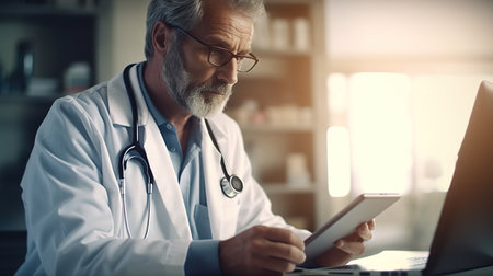 Portrait of senior male doctor with digital tablet and stethoscope working in hospital office.の素材