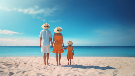 Back view of family holding hands and looking over seaside on summer vacation. Happy family on the beach.の素材