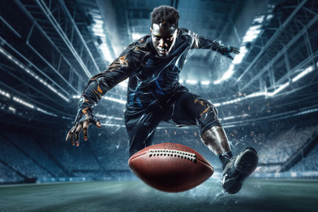 American football player in action on crowded stadium.の素材