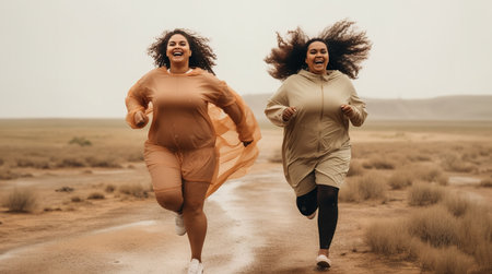 Two plus size women running together in nature during light rain.の素材