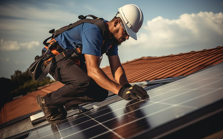 Engineer worker setting up Solar panel at the roof top. Engineer or worker installing solar panels or solar cells on the roof of house building.の素材