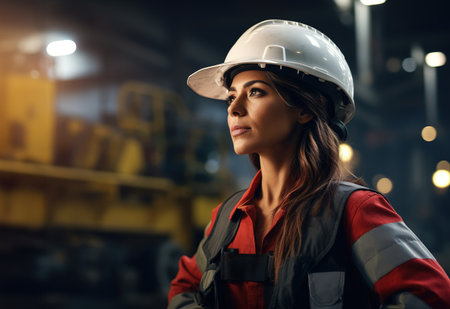 Professional heavy industry engineer worker wearing safety uniform and hard hat standing in metal manufacture warehouse.の素材