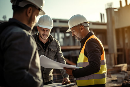 Architect man working with colleagues in the construction site. Engineer architects wearing safety helmet meeting at construction site.の素材