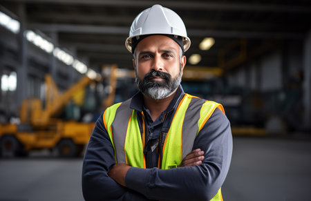 Portrait of mature civil engineer man wearing white hard hat and worker's uniform posing with crossed arms on a construction site.の素材
