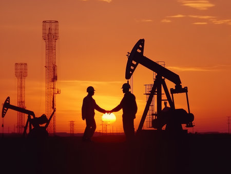 Silhouette of two engineers handshaking and making corporate contract outside in front of oil pump. People in helmets working in field at the oil.の素材