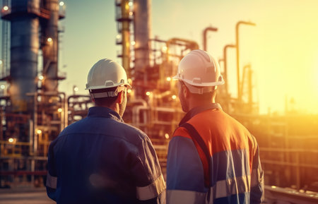 Two oil industry engineers standing in front of large oil refinery at sunset.の素材