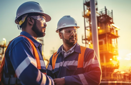 Two Heavy industry engineers discussing over new coming project planning on sustainable resource and expanding of power renewal industry with oil refinery plant factory in the background.の素材