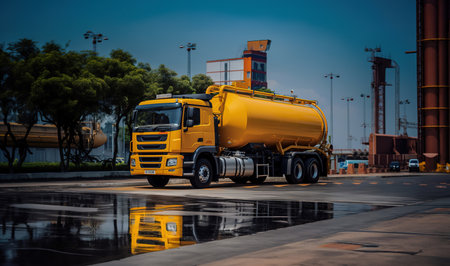 Fuel truck on the road. Truck transporting fuel at refinery.の素材