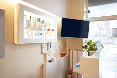 Interior of modern bright beauty salon with barrier between workstations.の写真素材