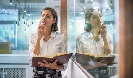 Thoughtful woman holding notepad and pen in hands, expertising and analyzing with reflection on glass wall at office.の写真素材