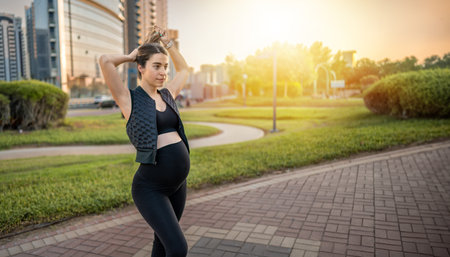 Portrait of young pregnant woman tying hair while having relaxed walk in the park.の写真素材